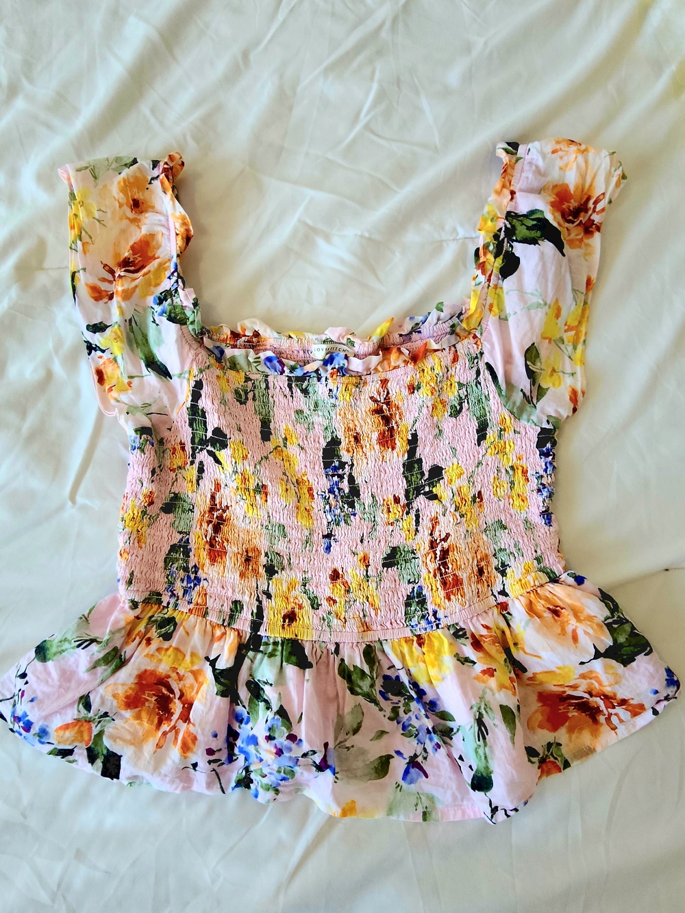 lovestitch Pink Floral Smocked Peplum Crop Top